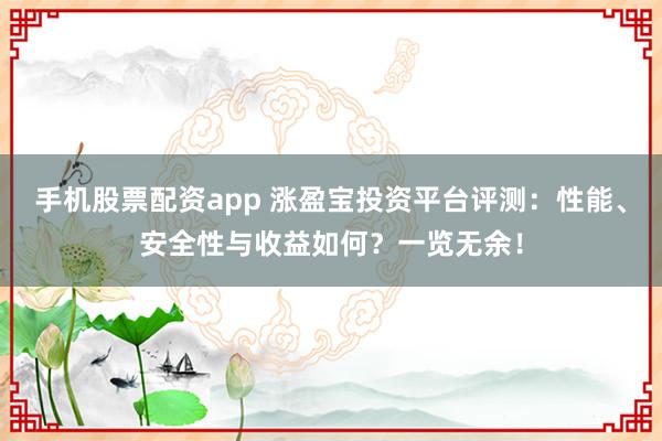 手机股票配资app 涨盈宝投资平台评测：性能、安全性与收益如何？一览无余！